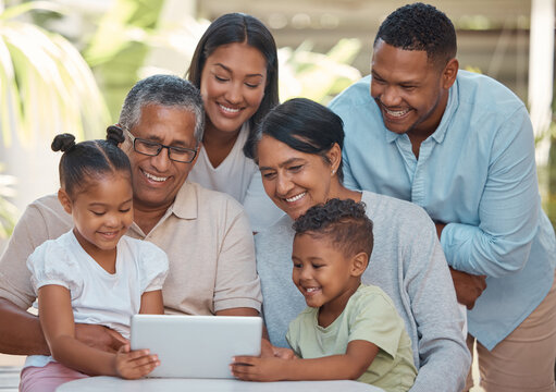 Family Tablet, Grandparents Video Call And Children On Internet With Technology, Reading Social Media Notification And Comic Story Online. Parents Streaming Movie With Kids And Elderly People On Tech