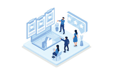 Obraz na płótnie Canvas Characters choosing best candidate for job. Hr managers searching new employee. Recruitment process. Human resource management and hiring concept, isometric vector modern illustration