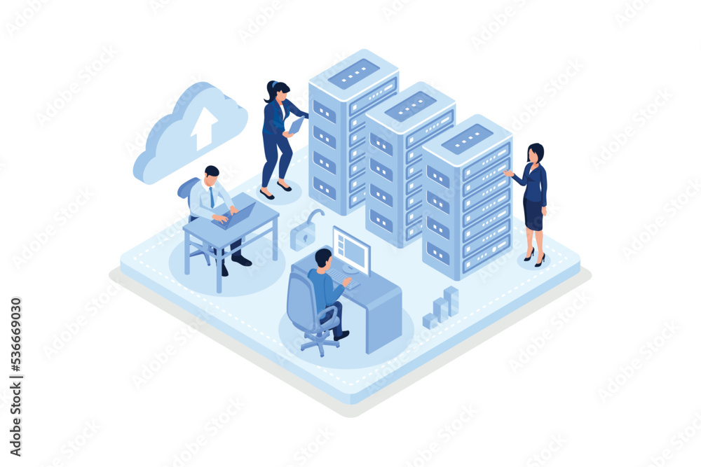 Poster character staying near control panel and managing files and data on cloud web server. web hosting se