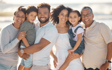 Happy, black family and portrait smile for beach moments together in happiness for the outdoors. African people smiling on holiday trip or travel in South Africa to relax and bond for summer vacation