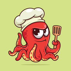 Cute octopus chef holding spatula wearing chef hat cartoon vector