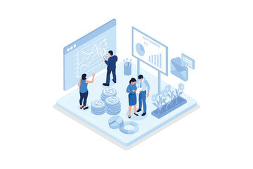 Character analyzing financial data and planning investment strategy. People examining graphs, charts and diagrams. Financial research concept, isometric vector modern illustration