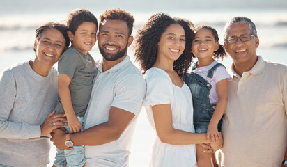 Happy, big family and portrait smile on a beach holiday together in happiness for outdoors. Black...