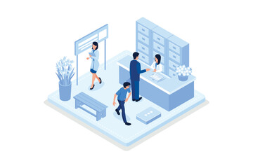 Man Talking with Woman Doctor in Office. Patient having Consultation about Disease Symptoms with Doctor Therapist in Hospital. Medical People Characters, isometric vector modern illustration