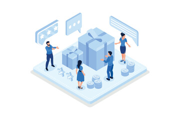 Obraz na płótnie Canvas People Characters Receiving Online Reward. Woman and Man Standing near Gift Box and Collecting Cash Back Bonuses. Loyalty and Referral Marketing Program Concept, isometric vector modern illustration