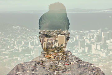 Woman, overlay and city with buildings, ocean and mountain in background. Silhouette, shadow and black woman with Cape Town, sea and architecture in backdrop for engineering, design or digital mockup - Powered by Adobe