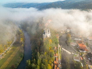 defaultview of the city in the mist, autumn, Rožmberk nad Vltavou
