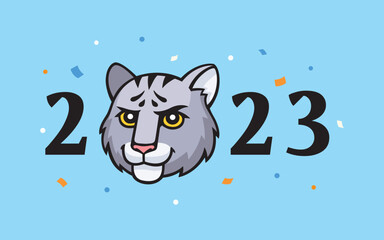 2023 year text with cat head and confetti, happy new year postcard template. Symbol of lunar new year.