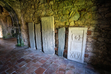 Headstones inside St Clement's church at Rodel on the Isle of Lewis in the Outer Hebrides Scotland