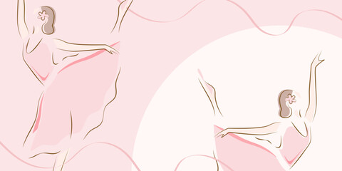 Ballerinas in pink ballet tutus and pointe on white background. Dancers in beautiful poses. Ballet. Concept banner design template.