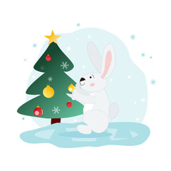 Bunny dresses up Christmas tree. Vector illustration on white background. Design element for christmas cards and calendar