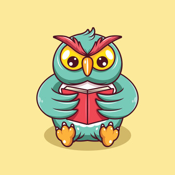 Cute baby owl reading a book with serious face cartoon illustration