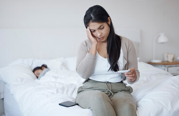 Woman, covid and thermometer on bed with headache in concern, doubt and stress for illness at home....