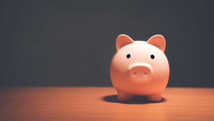 Save money, financial planning of personal finances and being thrifty concept theme with a pink piggy bank sitting on a wood table.