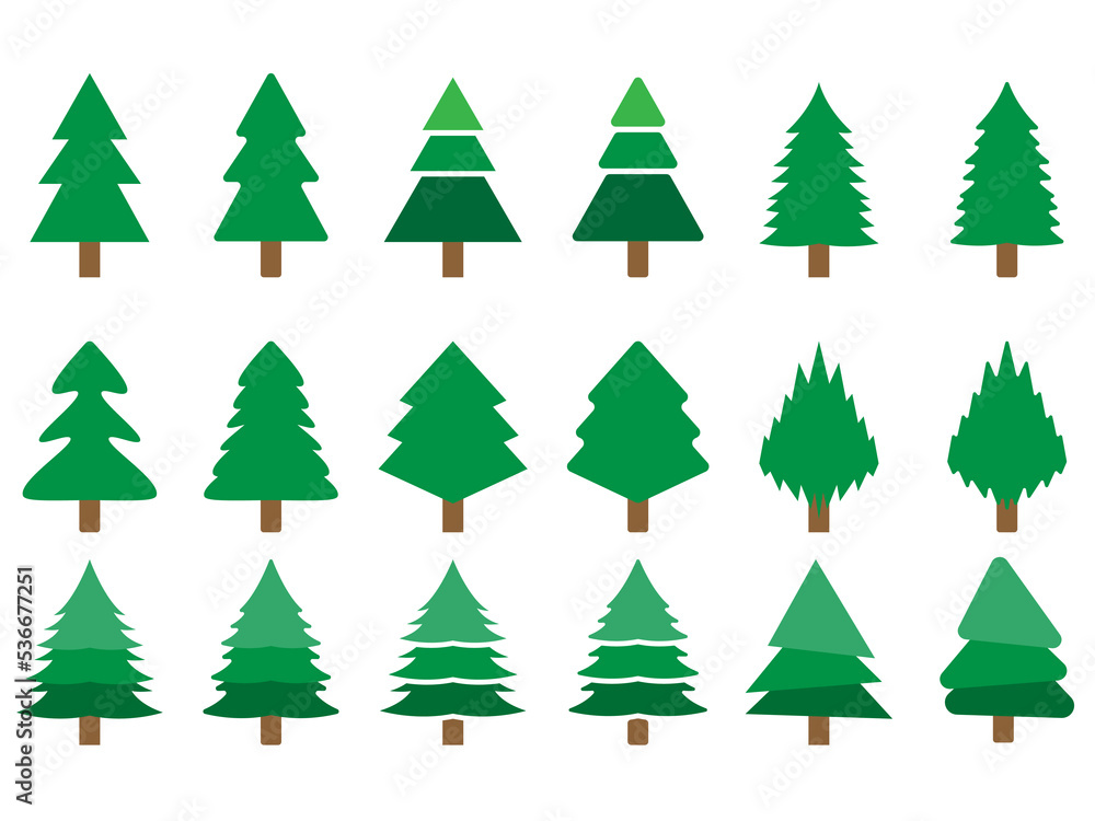 Wall mural Christmas trees vector set. Collection of pine trees vector art illustration. Holiday Merry Christmas and New Year background. Modern flat design for greeting card, invitation, banner, web design.