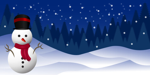 A snowman is surrounded by falling snow, pine trees and snowy white ground on a night blue winter scene. Design for Christmas greeting card, Holiday card, web poster, blue banner. Vector illustration.