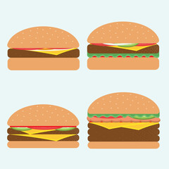 Four hamburgers set. From simple cheeseburger to double and triple cheeseburger with tomato and vegetable. Burger food vector illustration set front view. Can be used for fast food restaurant.