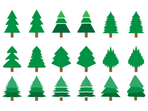 Christmas trees vector set. Collection of pine trees vector art illustration. Holiday Merry Christmas and New Year background. Modern flat design for greeting card, invitation, banner, web design.
