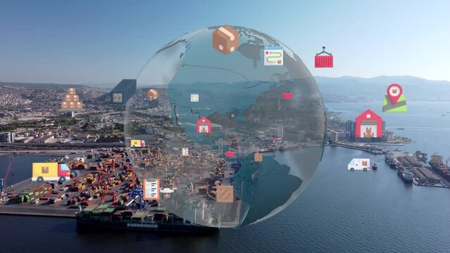 Logistic business or transport concept Aerial view over import export port with many stacks of cargo container rows . High quality 4k footage