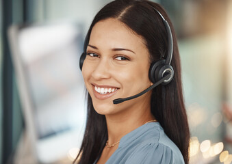 Customer service, corporate portrait of woman in telemarketing business working in office....