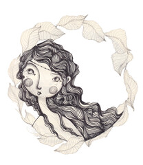  Sketch of a sweet girl with beautiful, flowing hair in the wind . Old school, vintage drawing, sweet character.