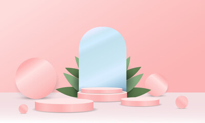 3d background products, pink, with tall round shapes in various sizes for displaying products. The background is a curved blue shape that reflects the shadows to enhance the distinctiveness of the pro