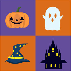 ハロウィンのアイコンセット。かぼちゃ、おばけ、魔女の帽子、お城。ベクターイラスト