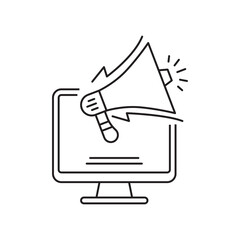 Computer with bullhorn vector illustration in line style on isolated background suitable for digital advertising icon