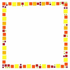 Watercolor frame. Square yellow, red, orange shapes. Empty space for text or picture.