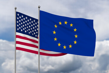 American and EC flag on sky background. 3D illustration
