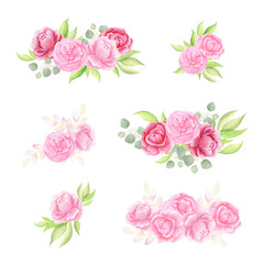 Watercolor set of compositions from pink peonies with leaves, isolated on transparent background