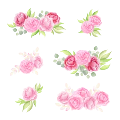 Fototapete Blumen Watercolor set of compositions from pink peonies with leaves, isolated on transparent background