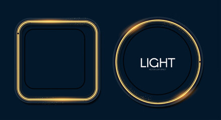 Shining neon square and circle banner set. Simple light element collection on blue background. Golden light.