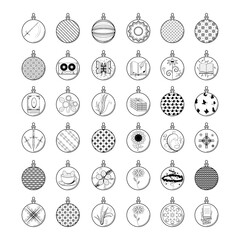 Set Black Doodle Outline Simple Line Abstract Collection Christmas Xmas Balls Holiday Decorations Happy New Year Background Vector Design Style