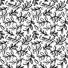 Eucalyptus branches with rounded leaves seamless pattern. Vector black brush drawn branches silhouettes. Black olive leaves and twigs. Natural organic ornament. Monochrome modern background.
