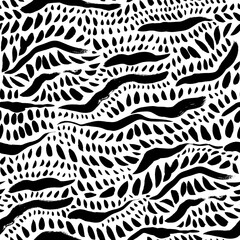 Wavy organic shapes with blots seamless pattern. Hand drawn vector monochrome organic shapes. Black paint brush strokes. Chaotic ink brush scribbles decorative texture. Abstract geometric background.