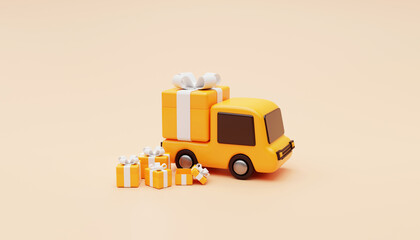 Delivery truck with Gift Boxes present surprise or free shipping fast delivery car deliver express delivery transportation logistics concept background 3d rendering illustration