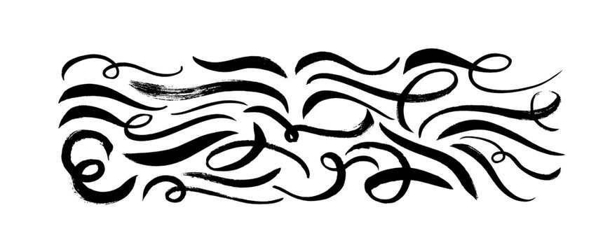 Hand drawn vector swooshes and swashes. Typographic swashes and swooshes tails. Curly black ink lines. Curved long brush strokes. Underlined text tails. Brush drawn scribbles and squiggles.