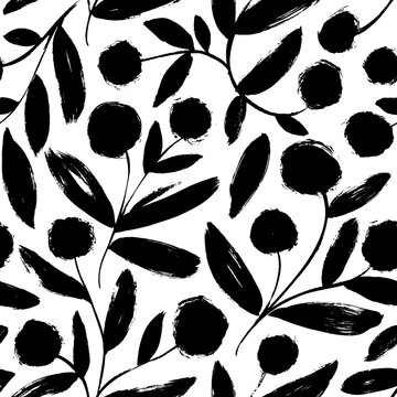 Brush drawn fruit branches seamless pattern. Decorative vector ornament with bud silhouettes. Hand drawn cherry or berry motif. Abstract floral elements. Modern background with sketchy style fruits.
