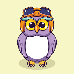 Cute owl wearing helmet with innocent face cartoon illustration