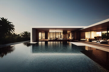 Fototapeta premium Ultra wide angle view of a modern villa and a luxurious infinity pool with a sunset reflection, residential architecture, photorealistic illustration