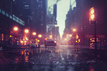 Obraz premium Lights and shadows of a modern city, cars in the street after rain, reflections on wet asphalt, photorealistic illustration