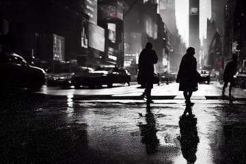 Lights and shadows of a modern city, silhouettes of people walking in the street after rain, reflections on wet asphalt, artistic illustration