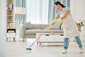 Cleaning, asian girl and sweeping floor with broom for home interior spring clean tidy habit....
