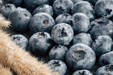 Wet ripe blueberries close up, macro shot.