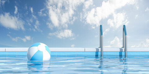 Beach ball floating in a swimming pool, sky with clouds
