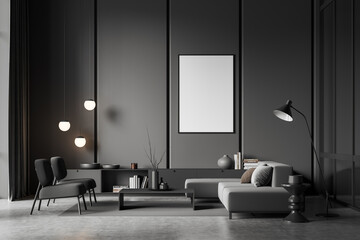 Grey chill room interior with couch, armchair and decoration. Mockup frame