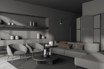 Corner view on dark living room interior with sofa, armchairs