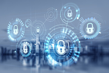 New York cityscape, cybersecurity hologram and business data protection
