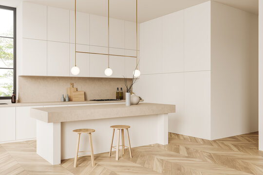 Light kitchen interior with bar countertop and chairs, panoramic window